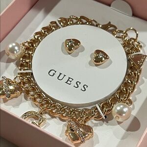 Guess Gold and Pearl Charm Bracelet with Earrings